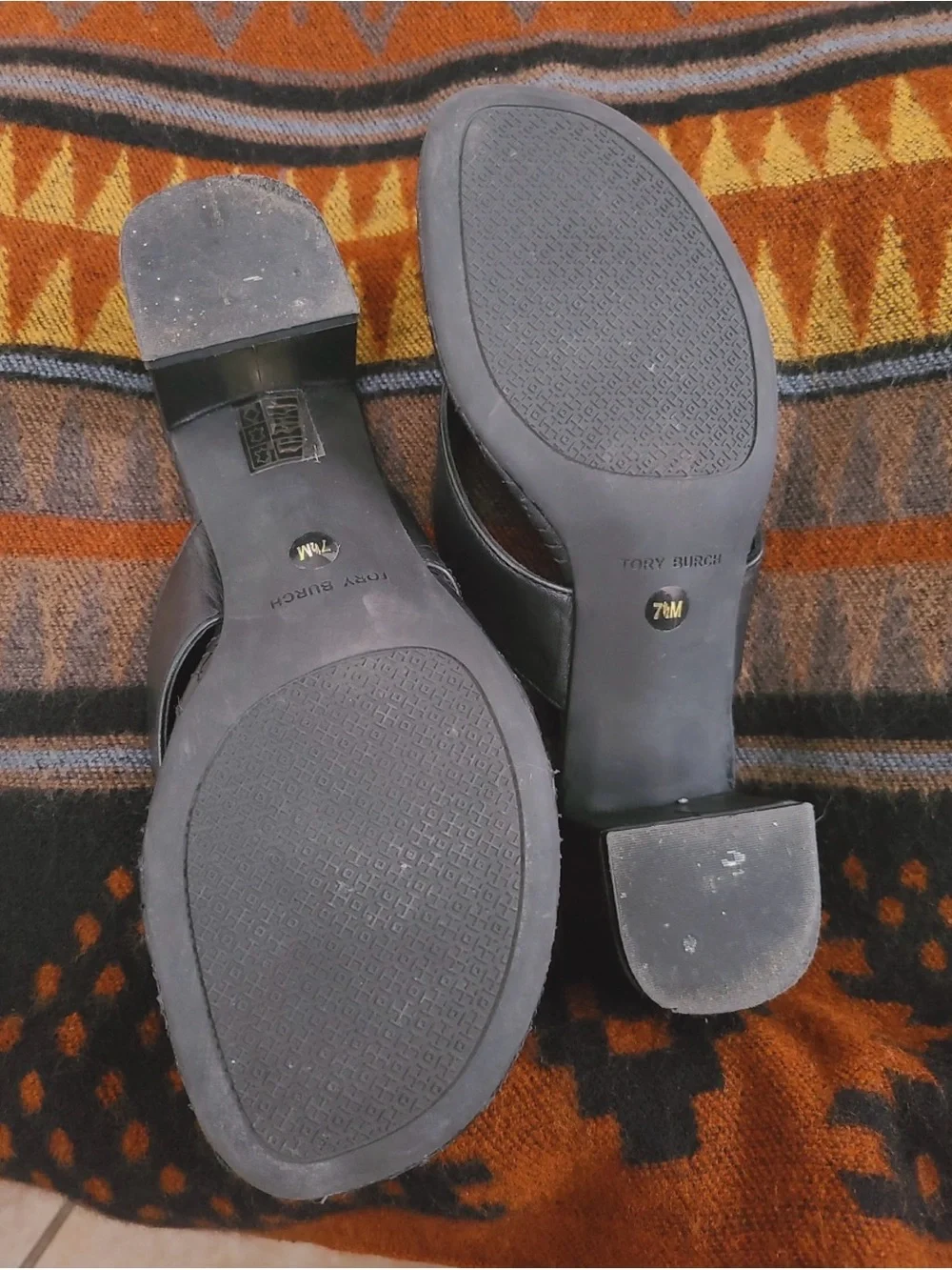 Tory Burch Maybell Black Leather Block-Heel Thong Sandals Sz 7.5